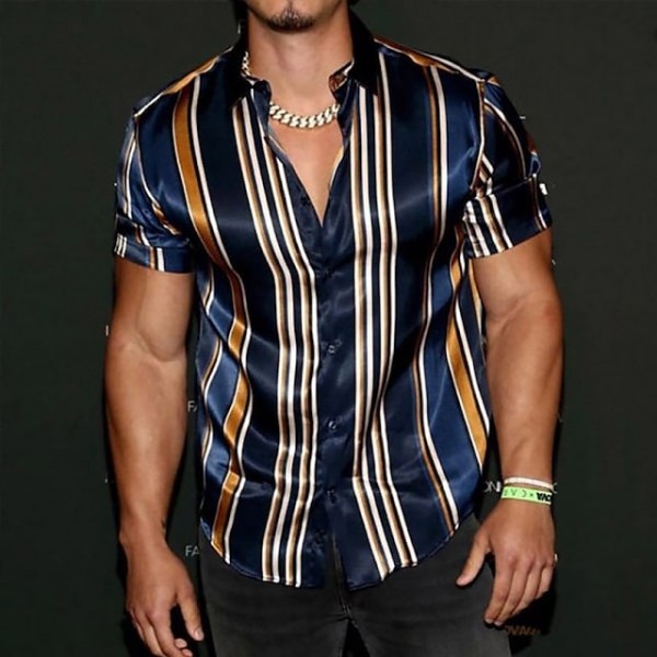 Men's Shirt Striped Collar Blue Short Sleeve Outdoor Street Button-Down Print Tops Fashion Casual Breathable Comfortable / Summer / Summer