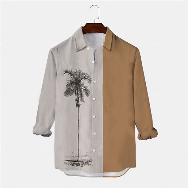 Men's Shirt Coconut Tree Striped Turndown Gray Long Sleeve 3D Print Outdoor Street Button-Down Print Tops Fashion Designer Casual Breathable