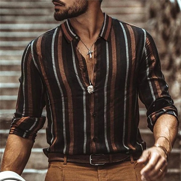 Men's Shirt Striped Turndown Wine Long Sleeve 3D Print Outdoor Street Button-Down Print Tops Fashion Designer Casual Breathable