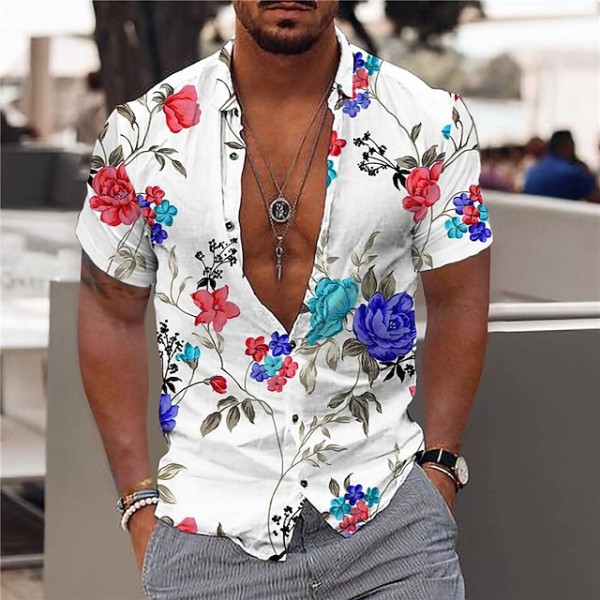 Men's Shirt Floral Turndown White Short Sleeve Print Outdoor Street Button-Down Print Tops Fashion Designer Casual Breathable / Summer / Spring / Summer