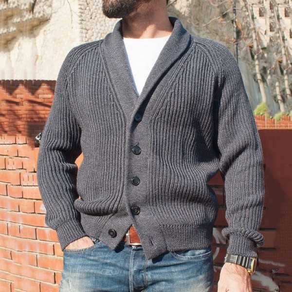 Men's Cardigan Sweater Jumper Ribbed Knit Knitted Button Solid Color Shirt Collar Basic Casual Daily Holiday Fall Winter Gray M L XL / Long Sleeve