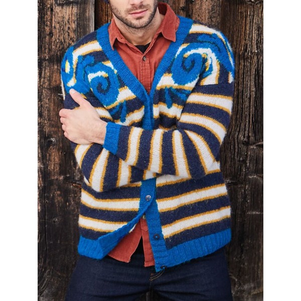 Men's Cardigan Sweater Jumper Ribbed Knit Cropped Knitted Striped V Neck Stylish Basic Daily Holiday Fall Winter Blue S M L / Cotton / Long Sleeve