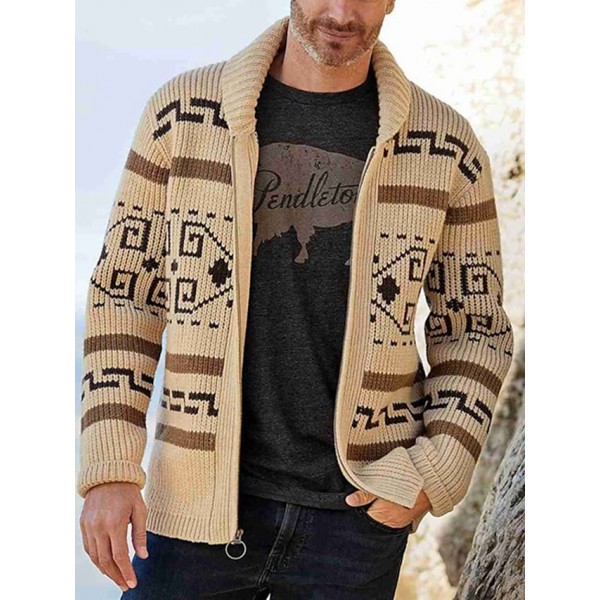 Men's Sweater Cardigan Jumper Knit Knitted Abstract Shirt Collar Stylish Vintage Style Daily Wear Fall Winter Gray Khaki M L XL / Long Sleeve / Long Sleeve