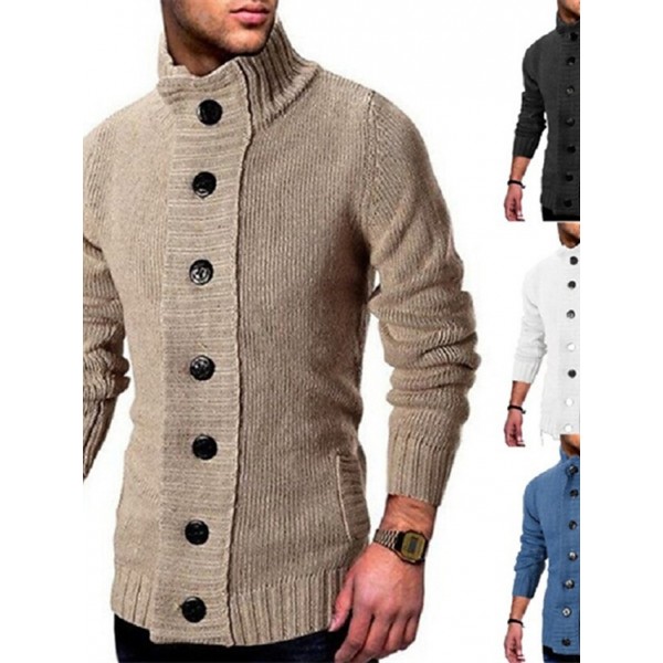 Men's Sweater Cardigan Jumper Knit Pocket Knitted Solid Color Stand Collar Stylish Vintage Style Fall Spring White Black S M L / Long Sleeve / Turtleneck / Long Sleeve