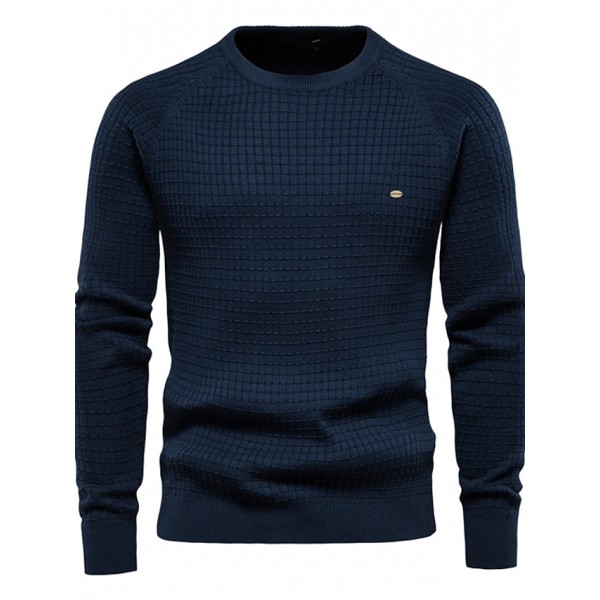 Men's Pullover Sweater Jumper Waffle Knit Cropped Knitted Solid Color Crew Neck Stylish Basic Daily Holiday Fall Winter Blue Gray S M L / Cotton / Long Sleeve / Long Sleeve / Weekend