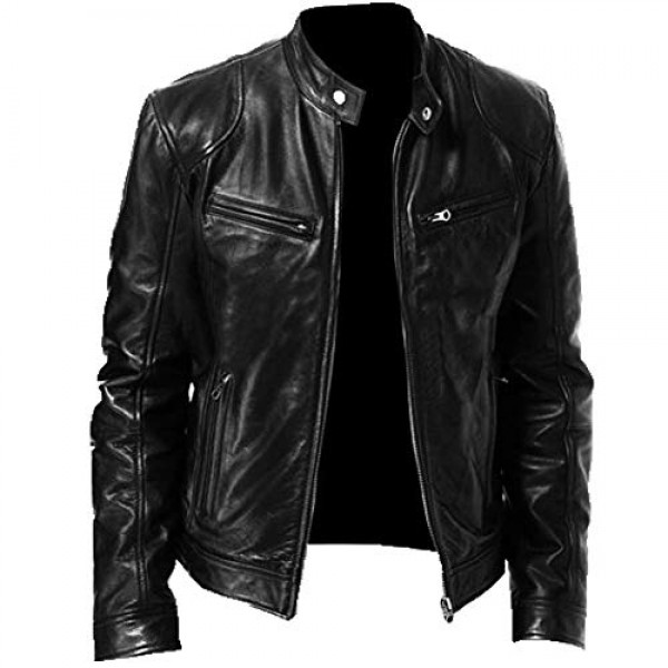 Mens Fashion Leather Jacket Slim Fit Stand Collar PU Jacket Male Anti-wind Motorcycle Lapel Diagonal Zipper Jackets