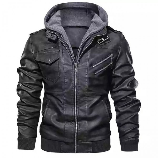 Men's Faux Leather Jacket Daily Fall & Winter Regular Coat Stand Collar Hooded Regular Fit Jacket Long Sleeve Solid Colored Black Gray Red