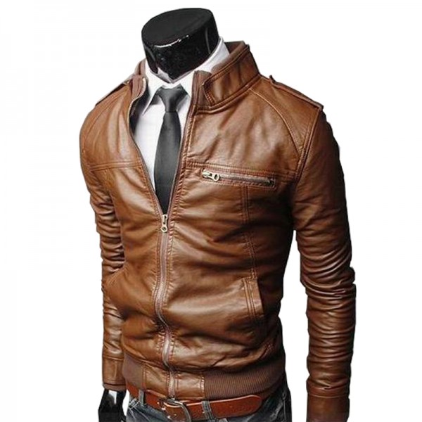 Men's Faux Leather Jacket Daily Going out Work Spring &  Fall Regular Coat Stand Collar Regular Fit Basic Vintage Jacket Long Sleeve Solid Colored Black Light Brown Brown