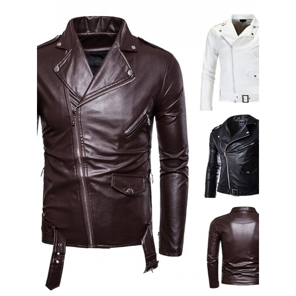 Men's Faux Leather Jacket Party Daily Sports Fall Winter Regular Coat Notch lapel collar Regular Fit Streetwear Punk & Gothic Jacket Long Sleeve Color Block Solid Colored White Black Brown / Work