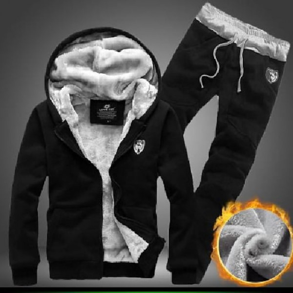 men's fleece lined hooded jacket thicken strings sweatsuit set black x-large