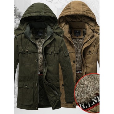 Men's Parka Outdoor Street Daily Winter Regular Coat Stand Collar Regular Fit Warm Breathable Sporty Casual Jacket Long Sleeve Solid Color Pocket Full Zip Black Army Green Khaki / Cotton / Going out