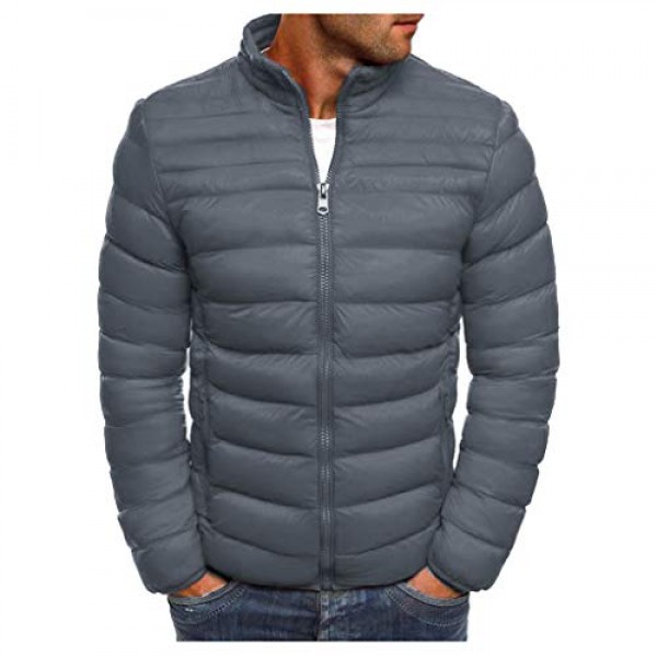 suppion men autumn winter fashion solid color slim fit zipper warm down jacket packable light coat gray