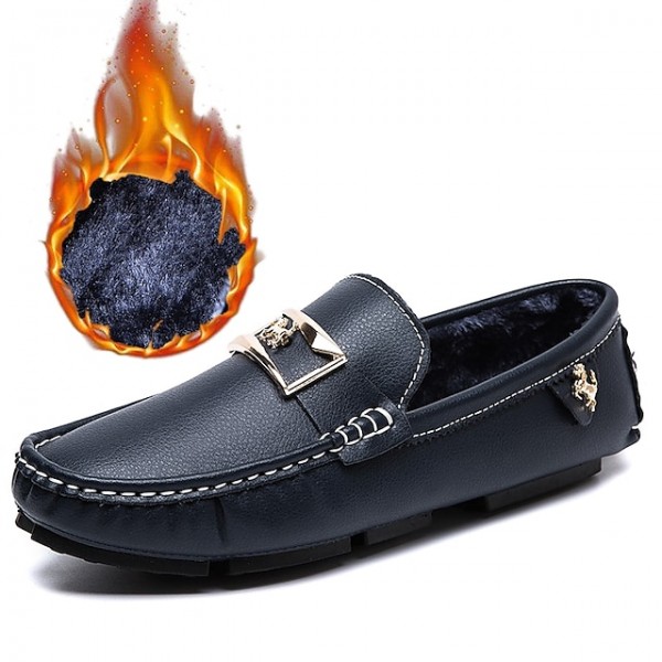 Men's Loafers & Slip-Ons Moccasin Comfort Shoes Fur Lined Casual Classic British Daily Office & Career PU Black Blue Fall Winter