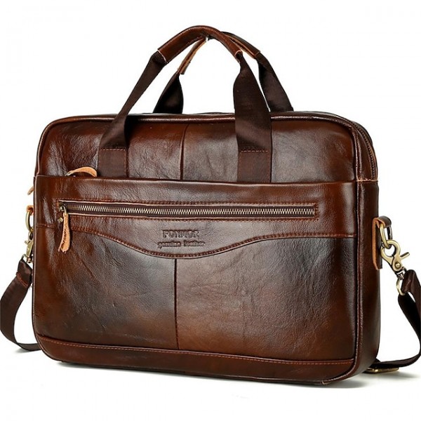 Men's Handbags Briefcase Top Handle Bag Nappa Leather Cowhide Zipper Solid Color Daily Formal Office & Career Dark Brown