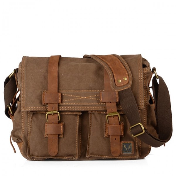 men canvas genuine leather big outdoor casual shoulder crossbody bag