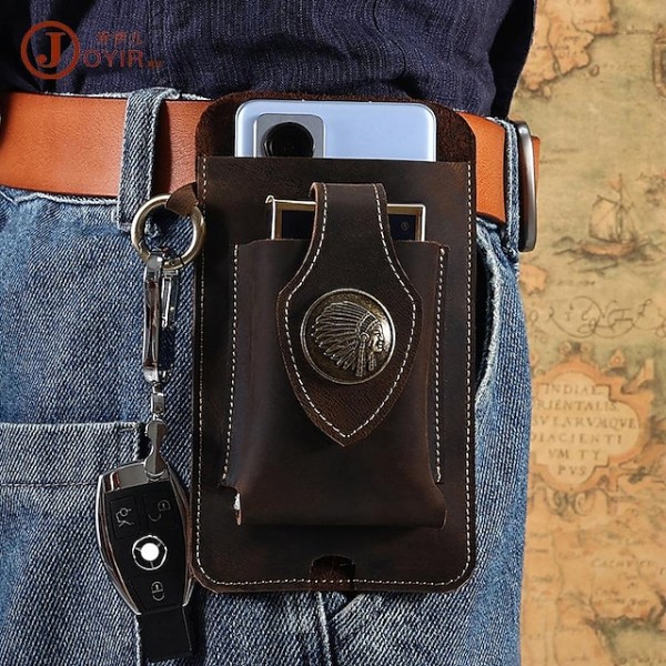 Men's Unisex Fanny Pack Mobile Phone Bag Nappa Leather Zipper Solid Color Outdoor Brown