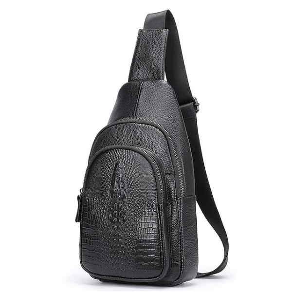 Men's Sling Shoulder Bag Nappa Leather Cowhide Zipper Crocodile Daily Black