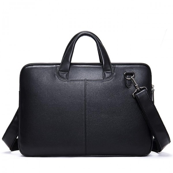 Men's Laptop Bag Briefcase Top Handle Bag Nappa Leather Cowhide Zipper Daily Black